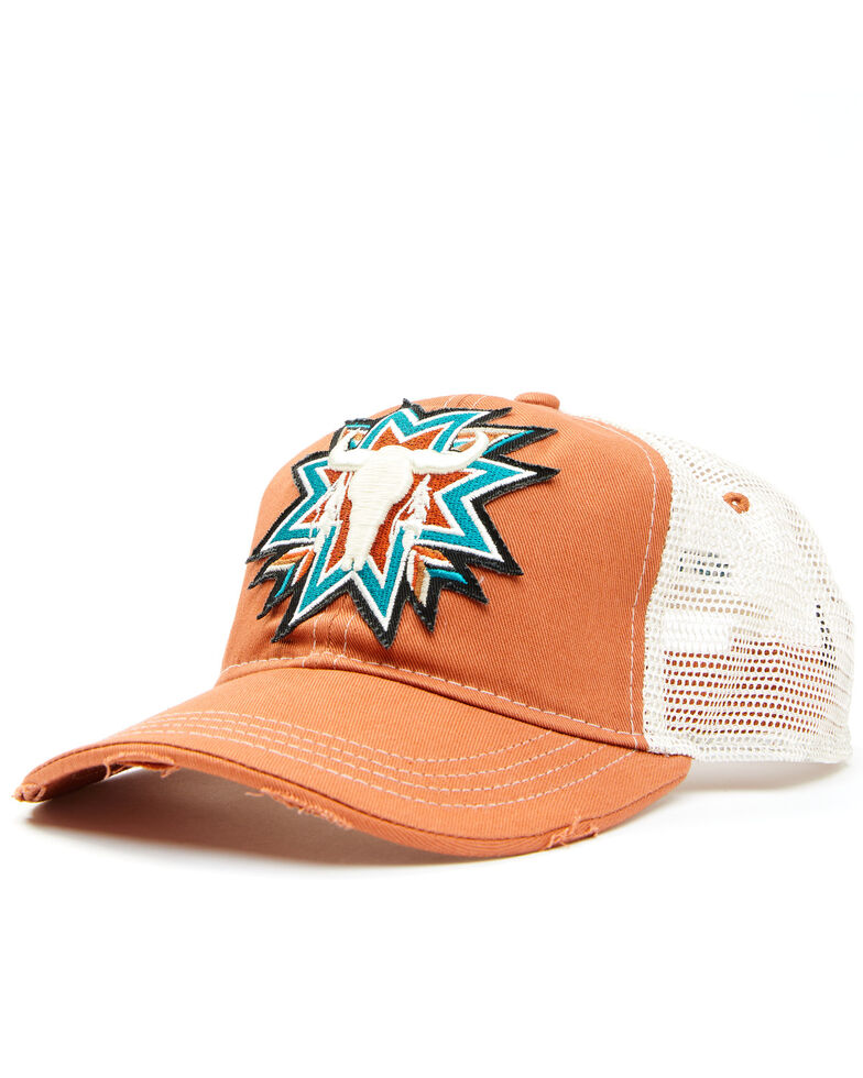 Shyanne Women's Southwestern Steerhead Embroidered Patch Mesh-Back Ball Cap , Chilli, hi-res