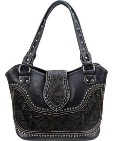 Montana West Women's Genuine Tooled Leather Concealed Carry Handbag , Black, hi-res