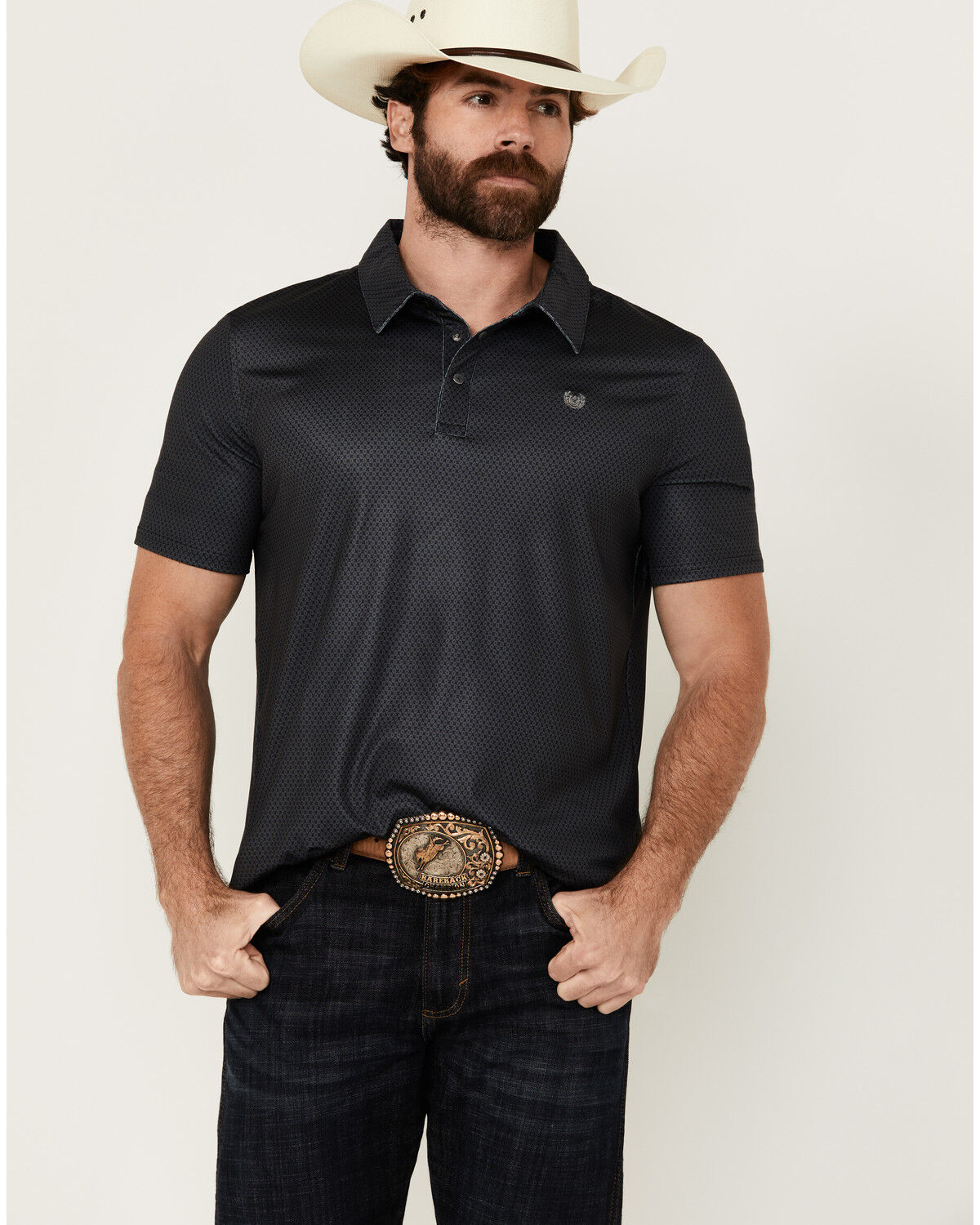 Image #1 - Panhandle Men's Geo Print Short Sleeve Stretch Polo Shirt, Charcoal, hi-res