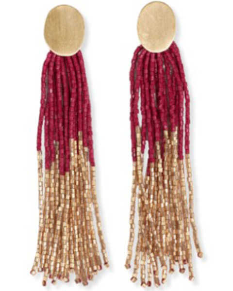 Image #1 - Ink + Alloy Women's Mae Oval Brass Post 2-Color Beaded Tassel Earrings, Red, hi-res
