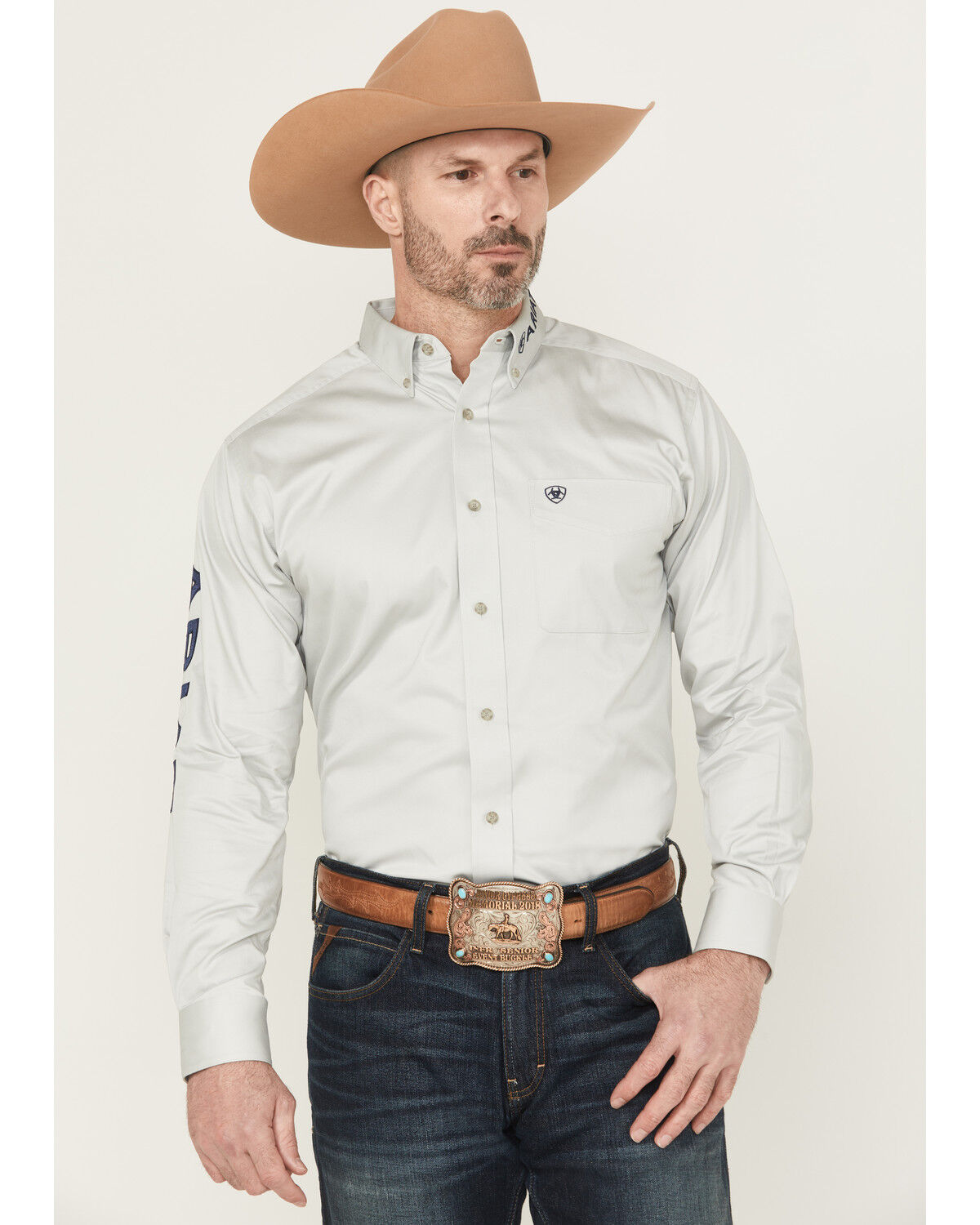 Image #3 - Ariat Men's Team Logo Twill Solid Long Sleeve Button-Down Western Shirt, Light Grey, hi-res