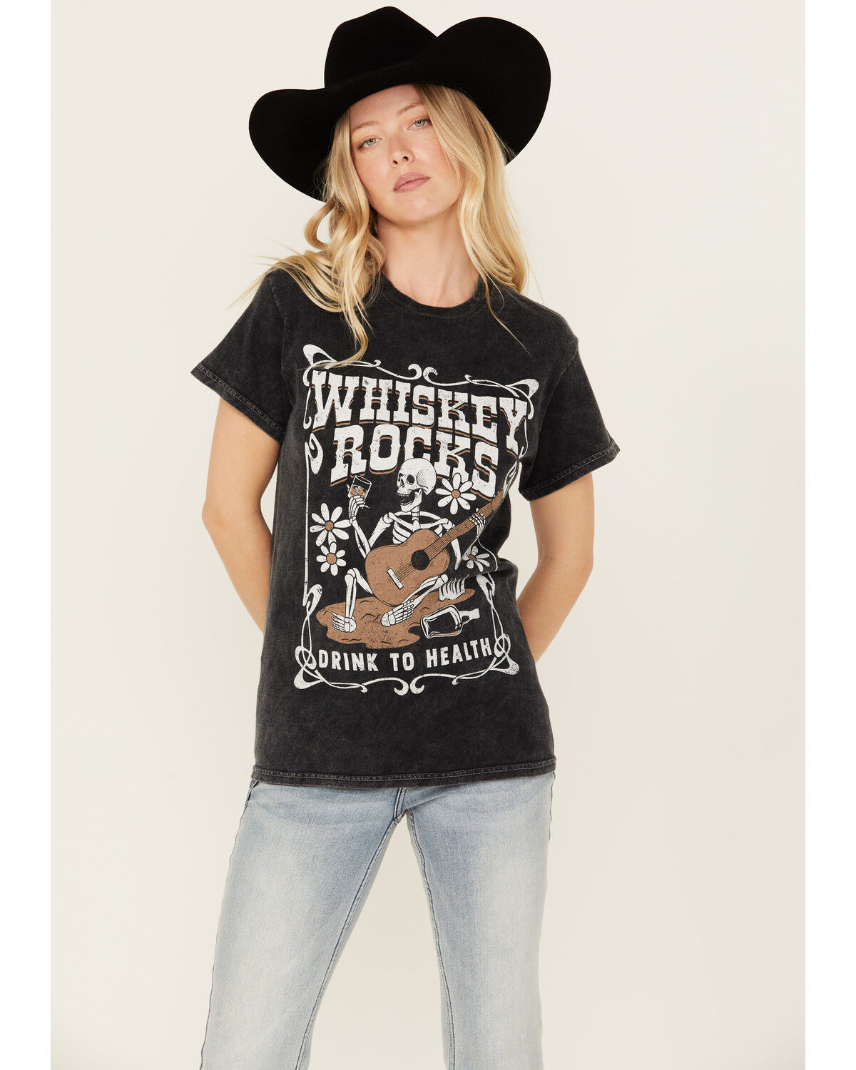 Image #1 - Youth in Revolt Women's Whiskey Rocks Skeleton Short Sleeve Graphic Tee, Black, hi-res