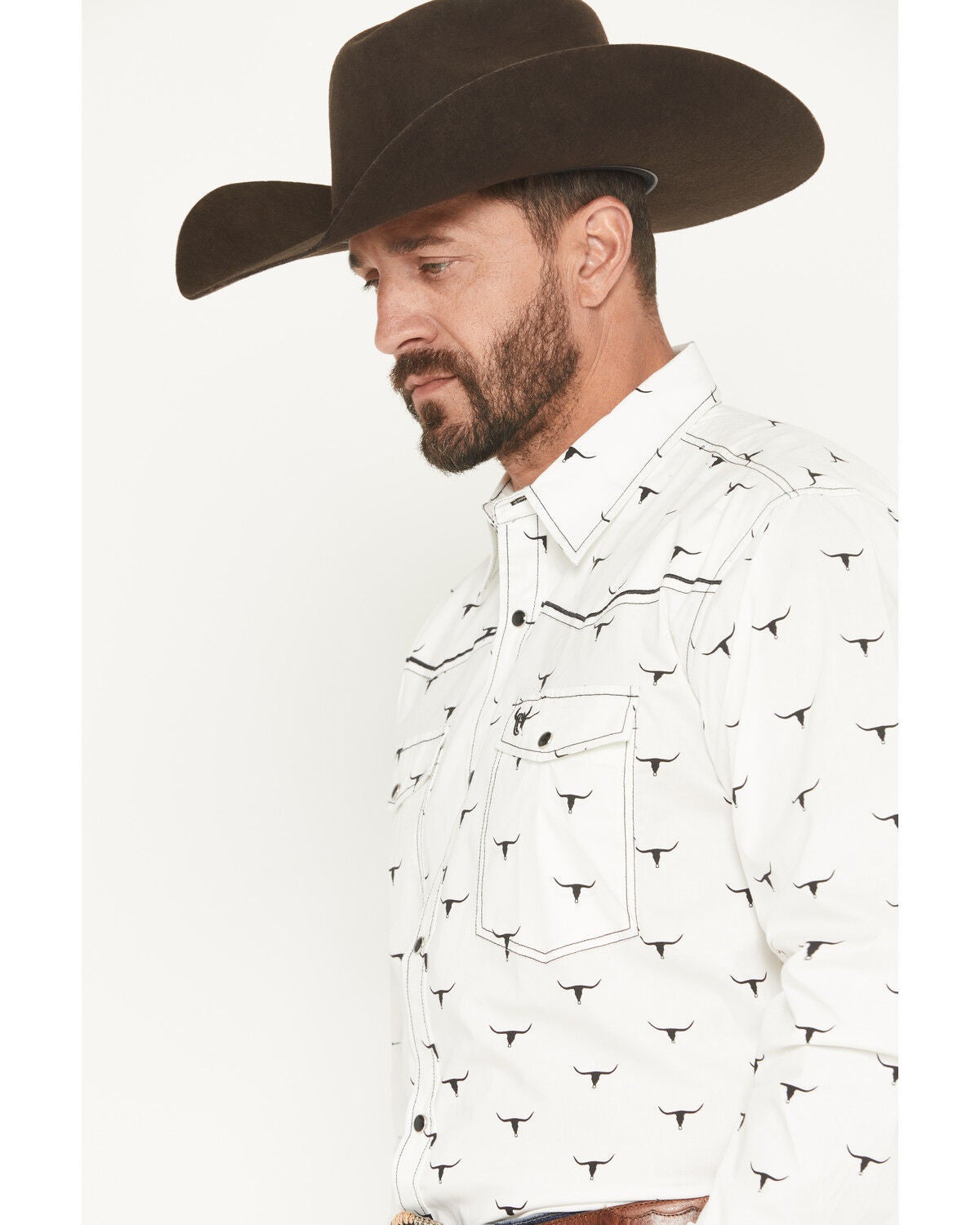 Image #2 - Cowboy Hardware Men's Steerhead Print Long Sleeve Snap Stretch Western Shirt, White, hi-res