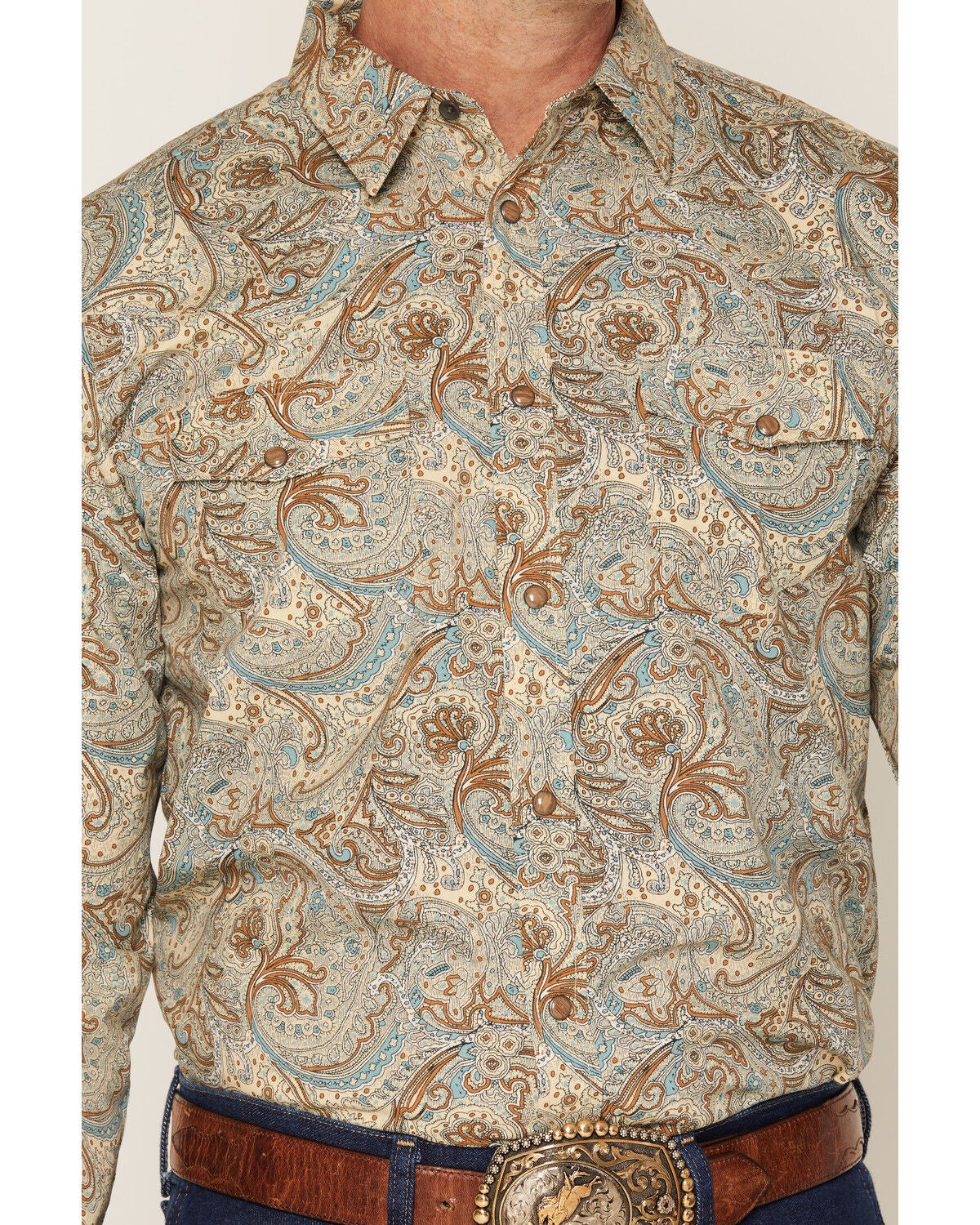 Image #3 - Gibson Trading Co Men's Feelin' Good Paisley Print Long Sleeve Snap Western Shirt, Aqua, hi-res
