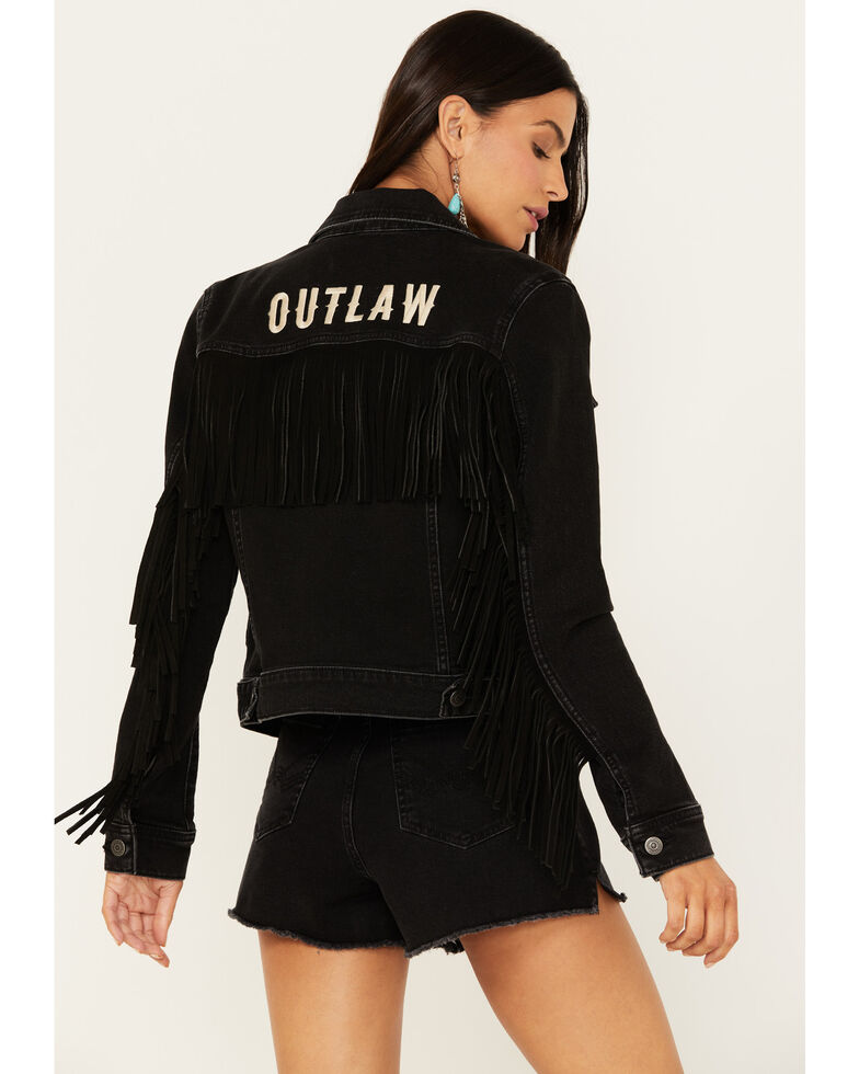 Idyllwind Women's Outlaw Denim Fringe Trucker Jacket, Black, hi-res