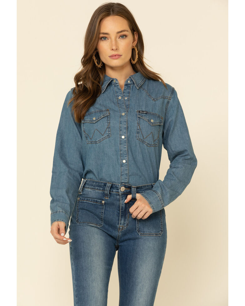 Wrangler Women's Medium Denim Snap Long Sleeve Western Shirt , Blue, hi-res