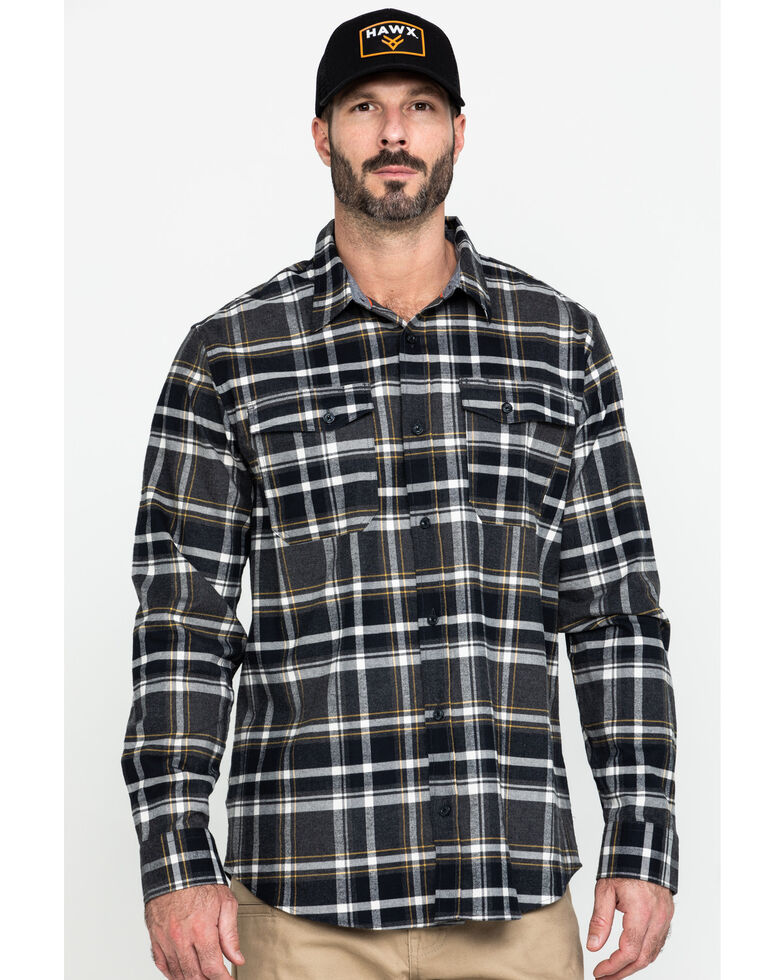 Hawx Men's Grey Berm Stretch Plaid Long Sleeve Flannel Work Shirt , Charcoal, hi-res