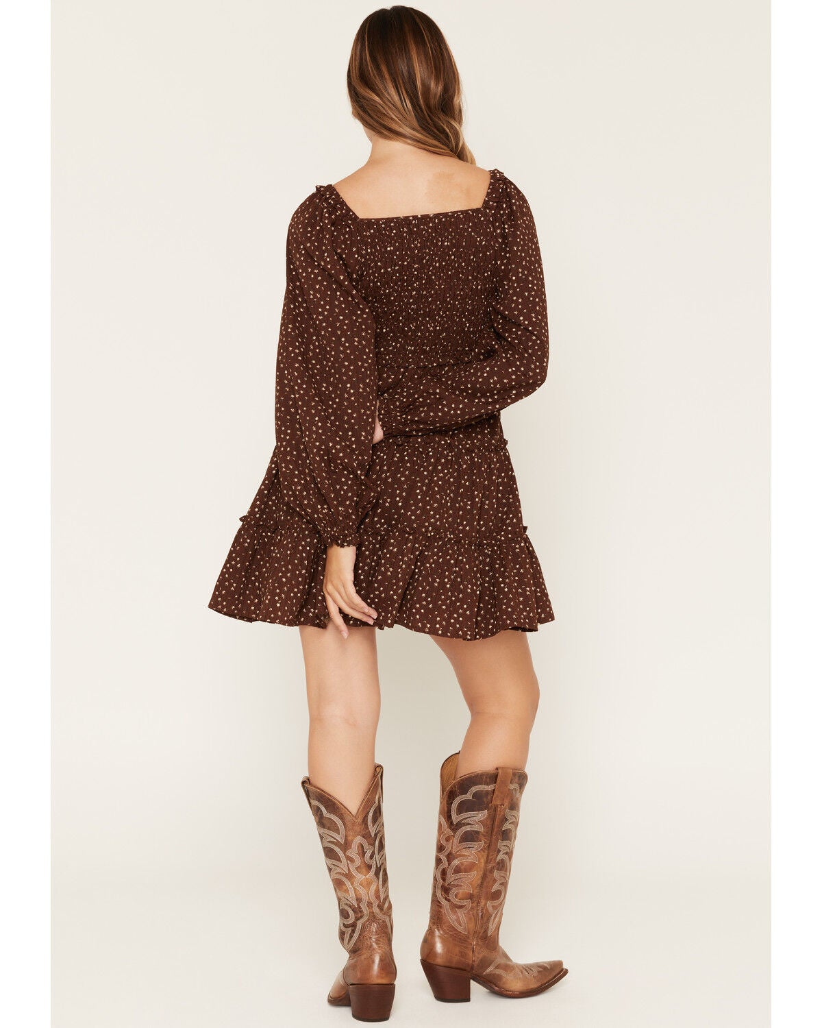 Image #4 - Yura Women's Floral Print Long Sleeve Mini Dress, Brown, hi-res