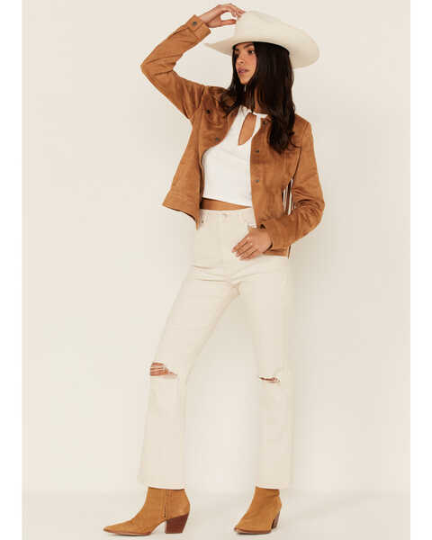 Image #2 - Fornia Women's Faux Suede Trucker Snap Jacket, Camel, hi-res