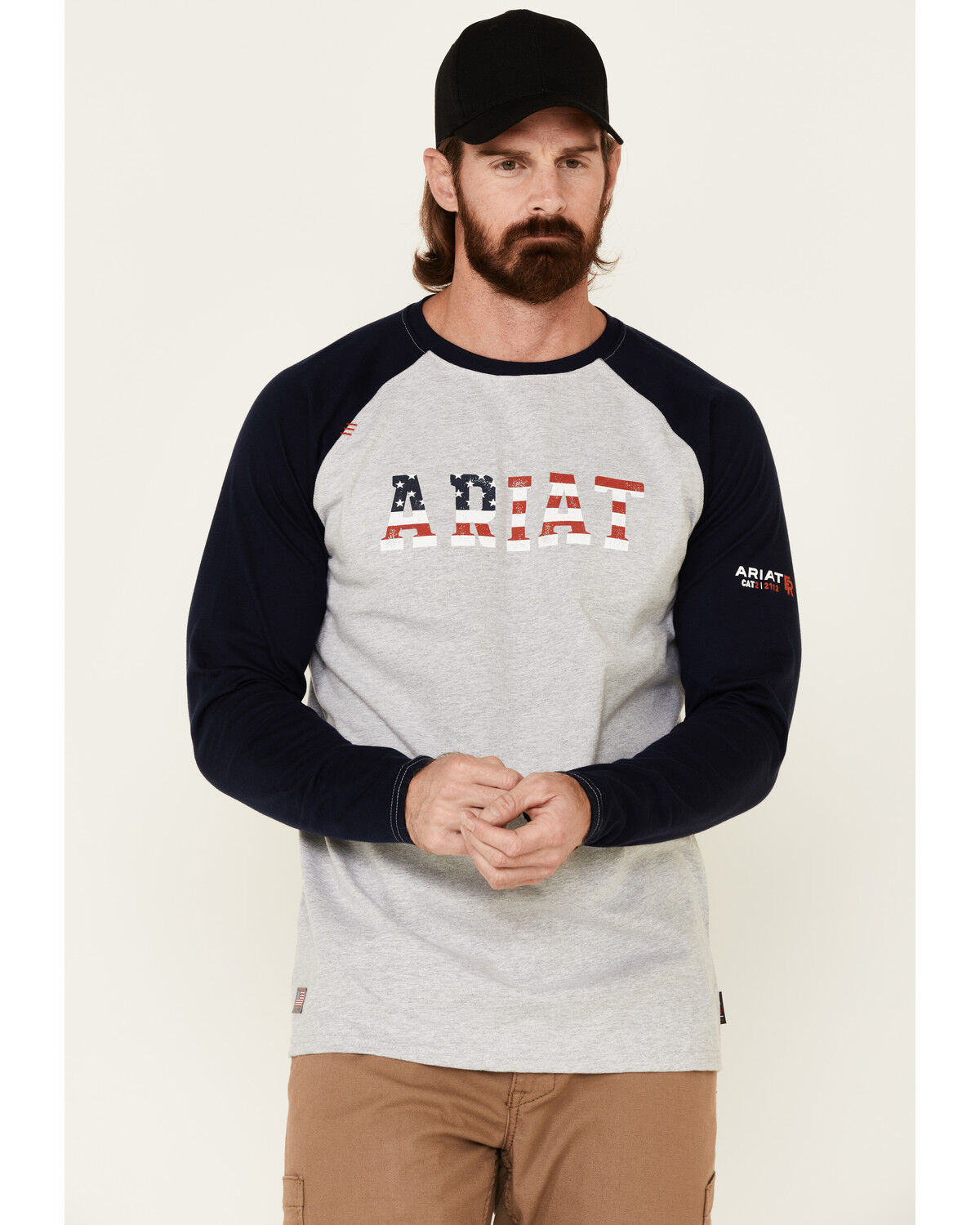 Image #1 - Ariat Men's FR Baseball Logo Crew Work Tee, Navy, hi-res