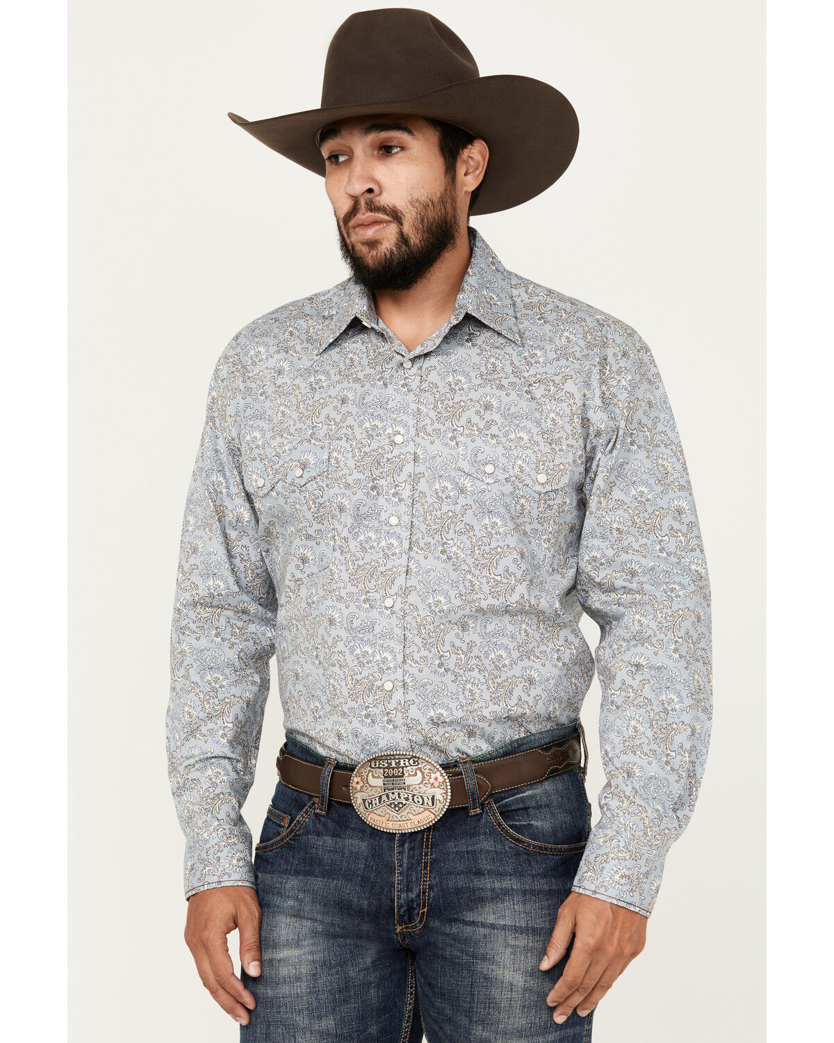 Image #1 - Rough Stock by Panhandle Men's Bandana Paisley Print Long Sleeve Pearl Snap Stretch Western Shirt, Blue, hi-res