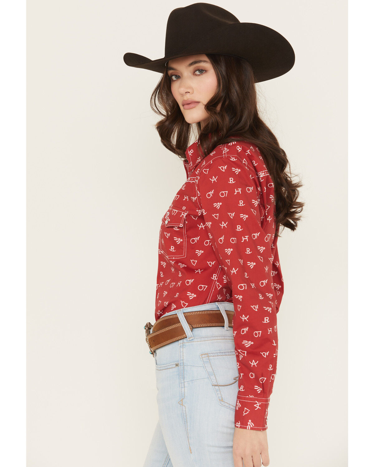 Image #2 - Cowgirl Hardware Women's Branding Print Long Sleeve Rhinestone Snap Stretch Western Shirt, Red, hi-res
