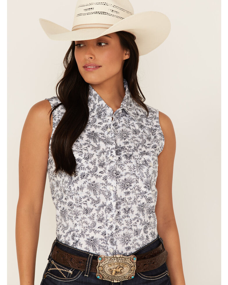 Panhandle Women's Floral Paisley Print Sleeveless Snap Western Core Shirt, White, hi-res