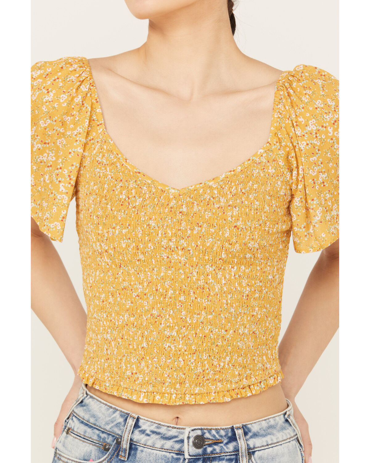 Image #3 - Beyond The Radar Women's Floral Printed Smocked Top, Mustard, hi-res