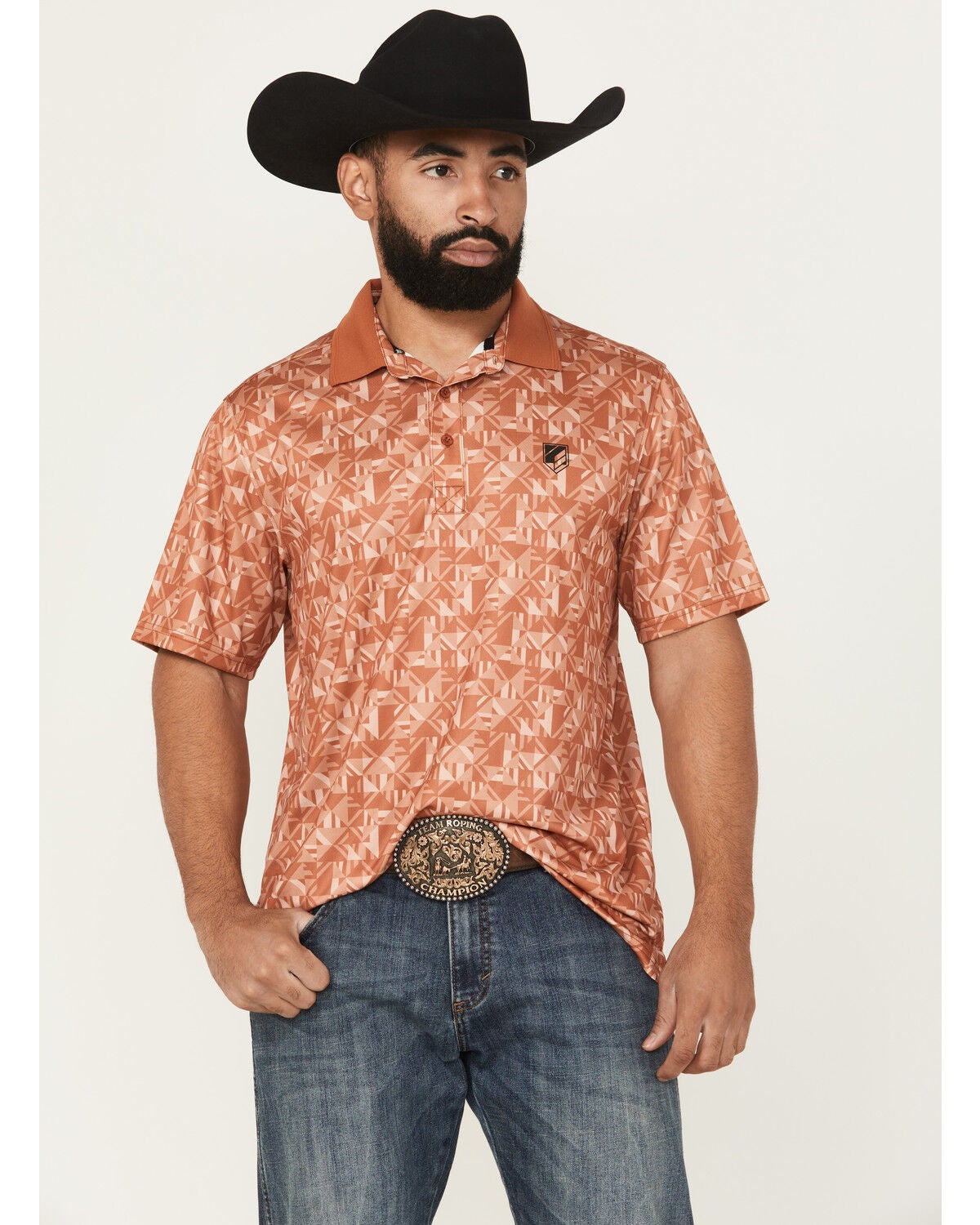 Image #1 - RANK 45&reg; Men's Uptown Southwestern Print Short Sleeve Button-Down Polo Shirt, Rust Copper, hi-res