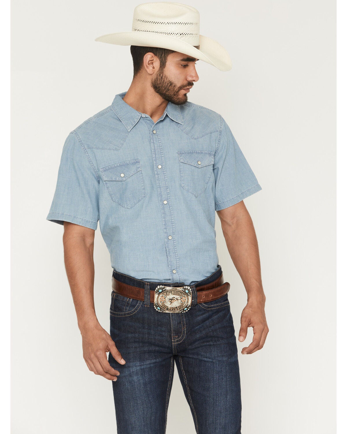 Cody James Men's Horizon Chambray Light Wash Short Sleeve Snap Western Shirt, Light Wash, hi-res