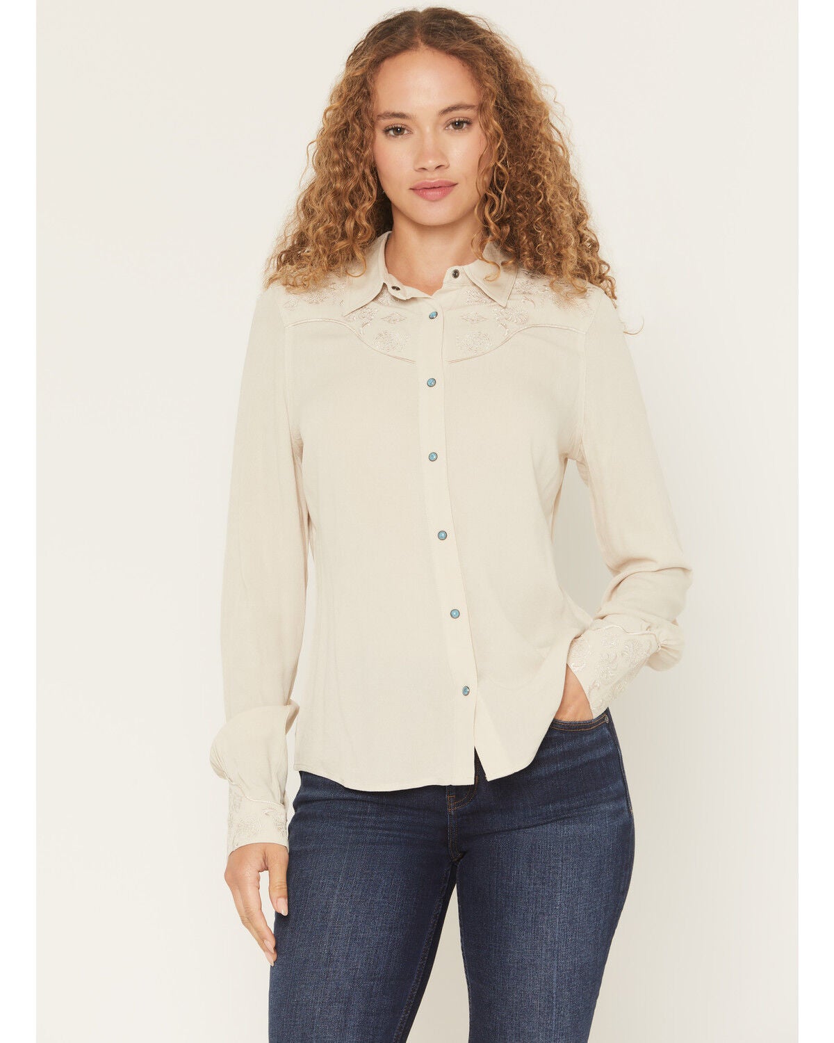 Shyanne Women's Bluespruce Embroidered Long Sleeve Snap Western Shirt, Oatmeal, hi-res