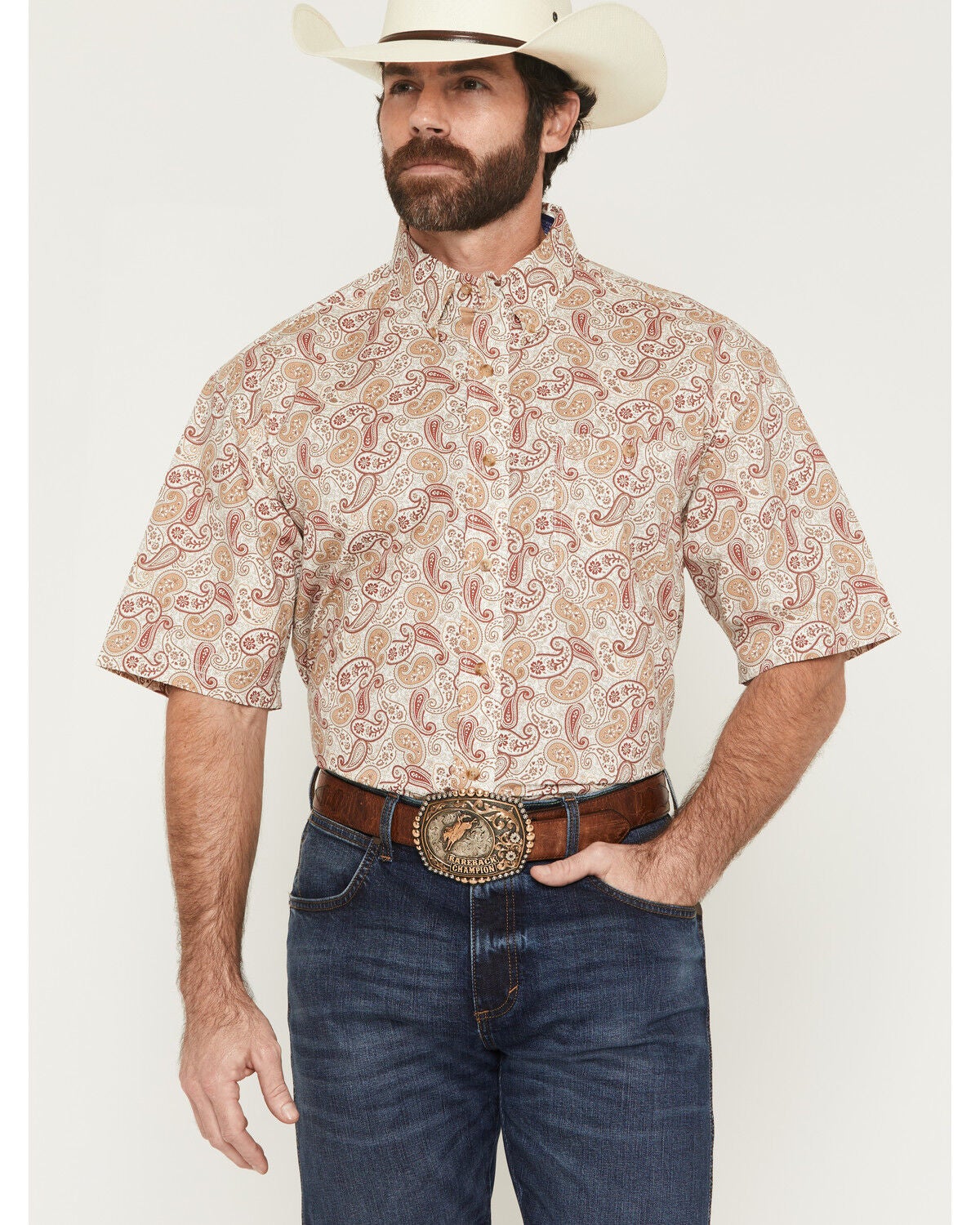 George Strait by Wrangler Men's Paisley Print Short Sleeve Button-Down Stretch Western Shirt, Tan, hi-res