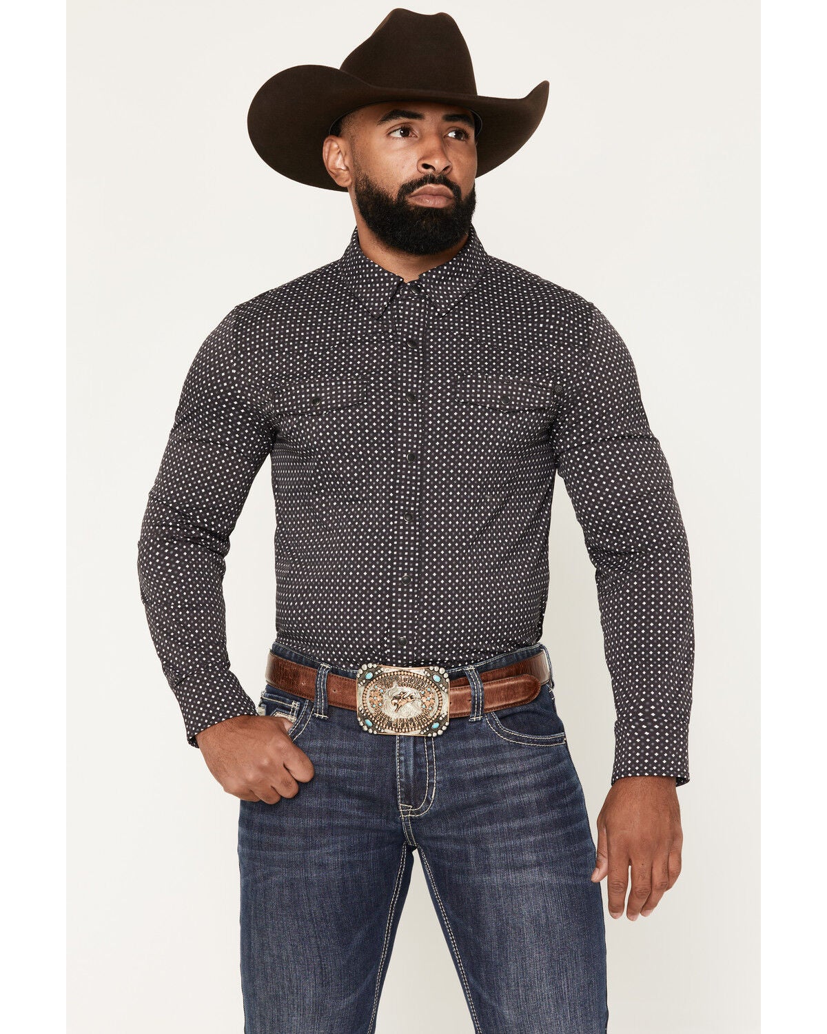 Rock & Roll Denim Men's TEK Geo Print Long Sleeve Snap Western Shirt, Black, hi-res