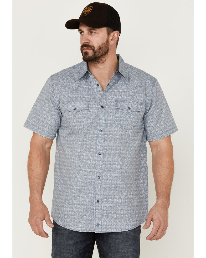 Moonshine Spirit Men's Date Night Print Short Sleeve Snap Western Shirt , Medium Blue, hi-res