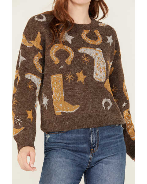 Image #2 - Cotton & Rye Women's Boots and Horseshoe Metallic Sweater , Brown, hi-res