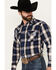 Ely Walker Men's Dobby Plaid Print Long Sleeve Pearl Snap Western Shirt, Navy, hi-res
