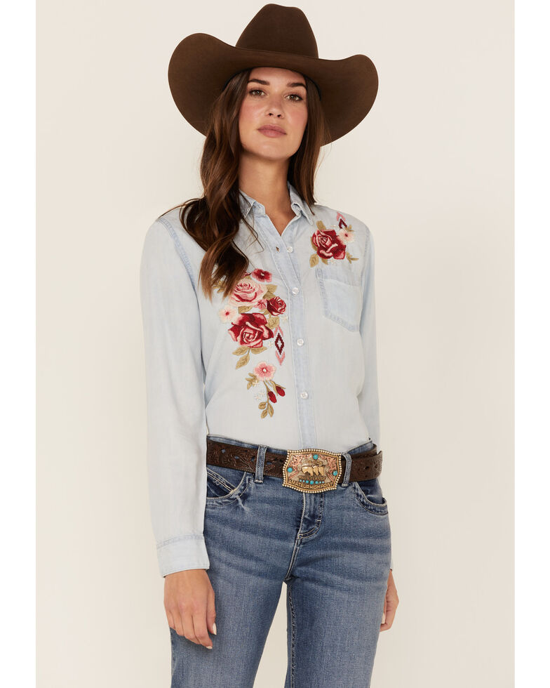 Stetson Women's Floral Embroidered Denim Long Sleeve Button Front Shirt , Blue, hi-res