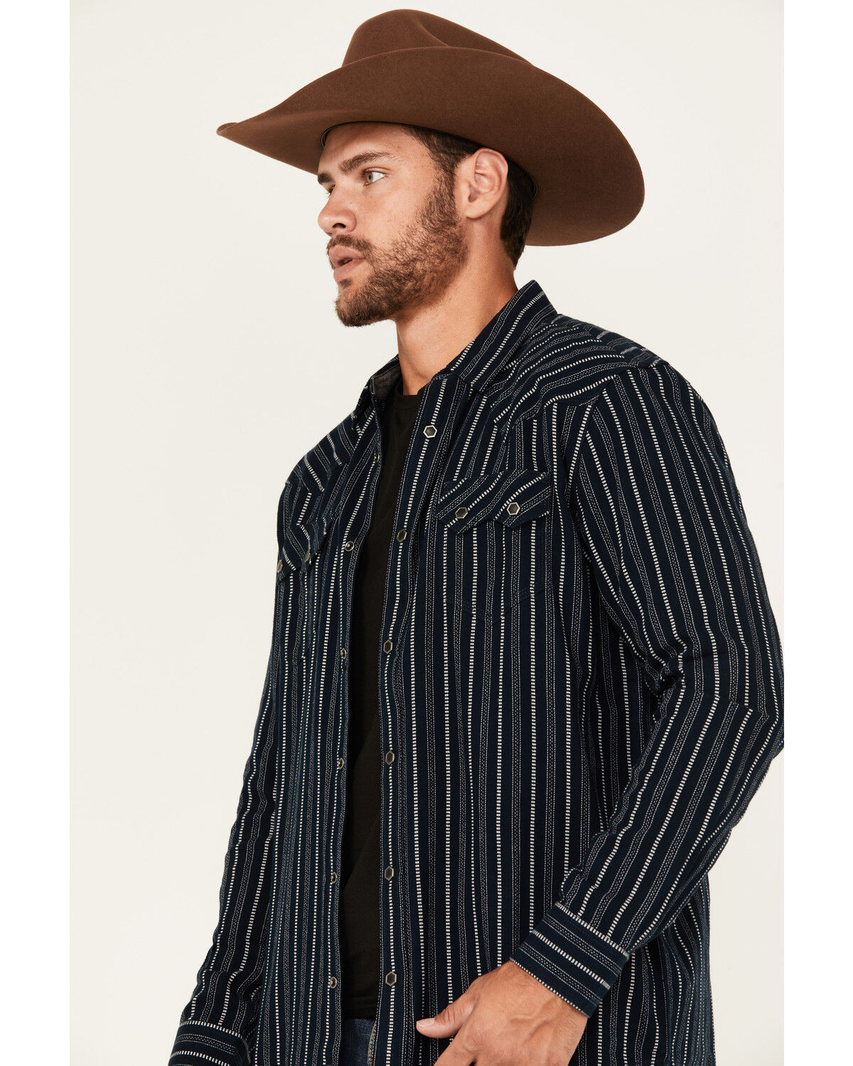 Image #2 - Moonshine Spirit Men's Record Deal Striped Long Sleeve Snap Western Shirt, Navy, hi-res