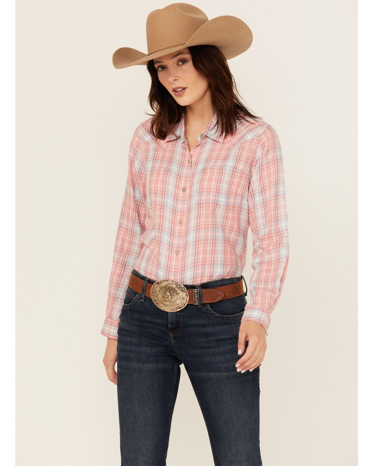 Image #1 - Ariat Women's Billie Jean Plaid Print Long Sleeve Button-Down Western Shirt, Rose, hi-res