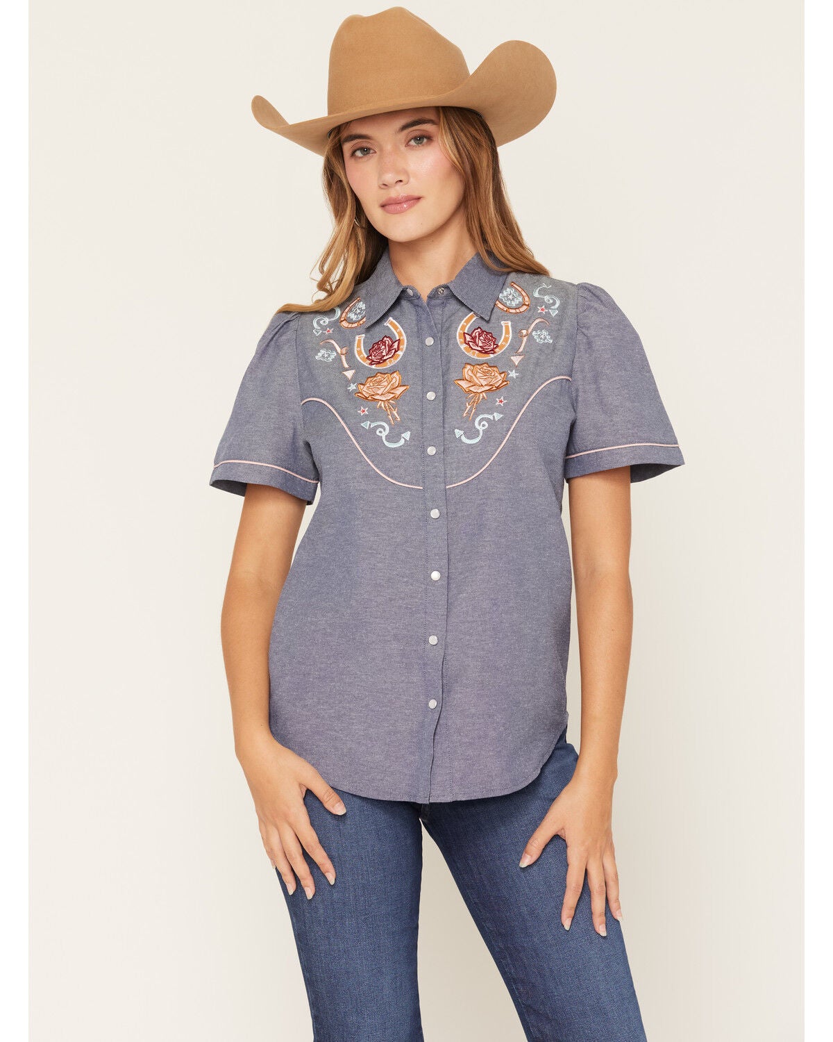 Image #1 - Howdy Hanny Women's Rose Embroidered Chambray Short Sleeve Pearl Snap Western Shirt, Blue, hi-res