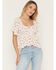 Image #1 - Angie Women's Floral Print Short Sleeve Hanky Hem Top, Ivory, hi-res