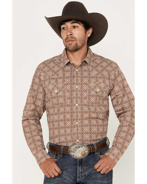 Gibson Men's Kaleidoscope Medallion Print Long Sleeve Snap Western Shirt, Fired Brick, hi-res
