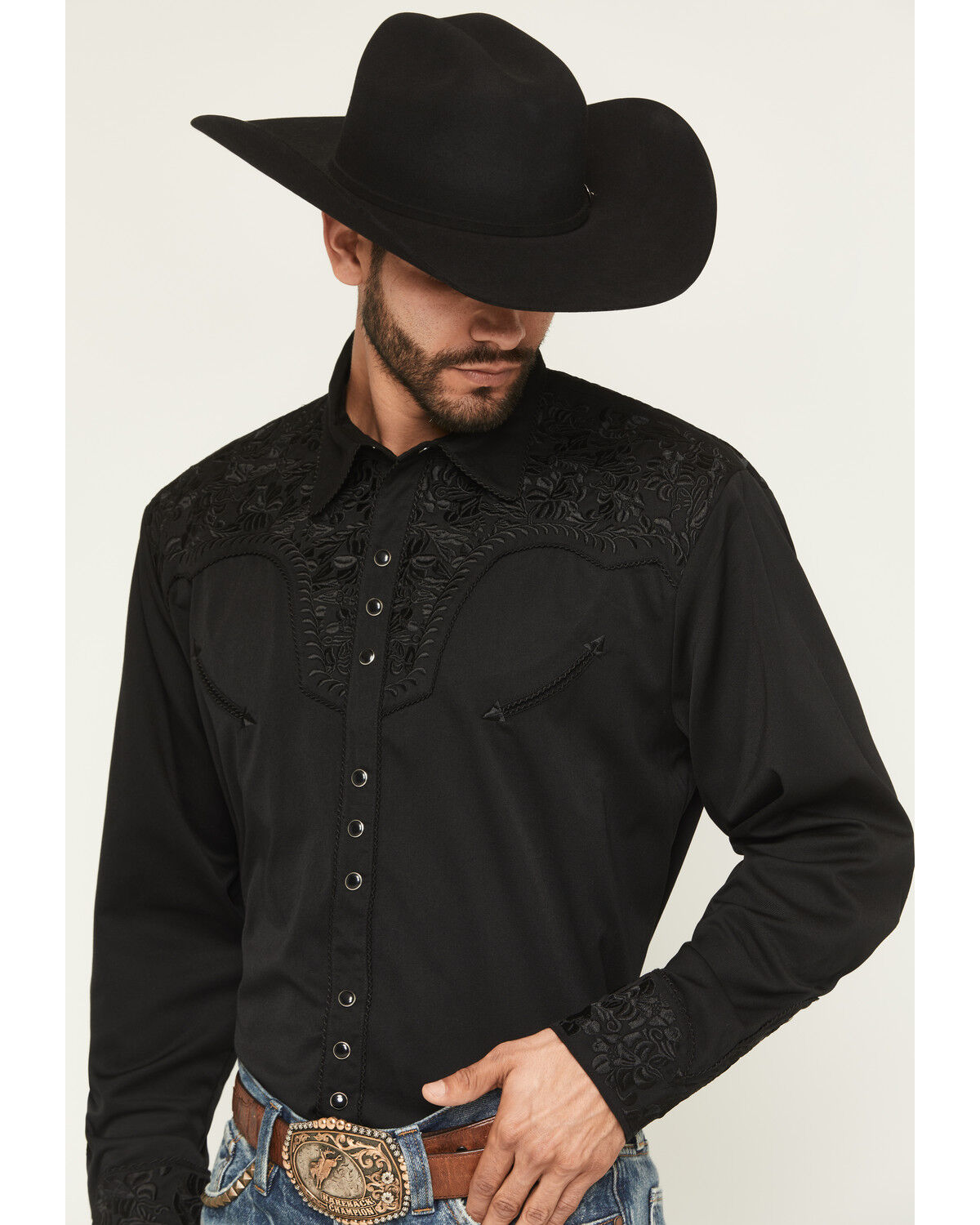 Image #2 - Scully Men's Floral Embroidered Retro Long Sleeve Snap Western Shirt, Jet Black, hi-res
