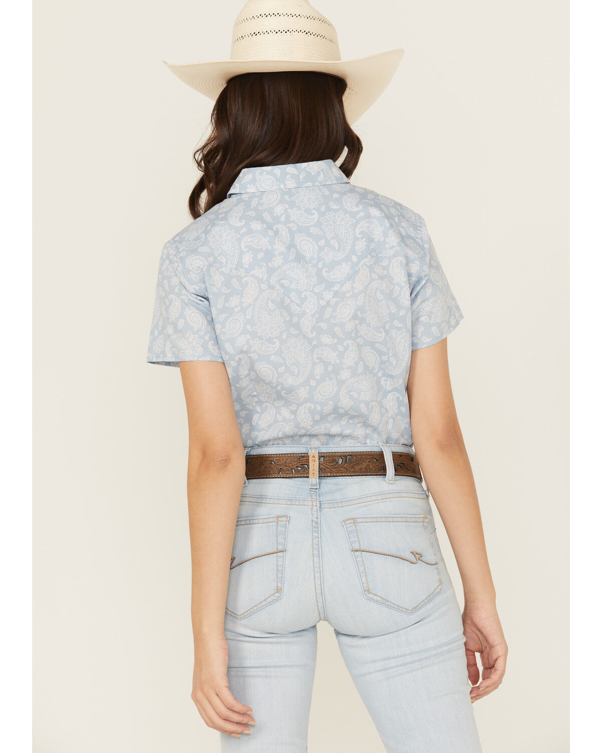 Image #4 - Wrangler Retro Women's Boot Barn Exclusive Paisley Print Short Sleeve Pearl Snap Western Shirt, Blue, hi-res