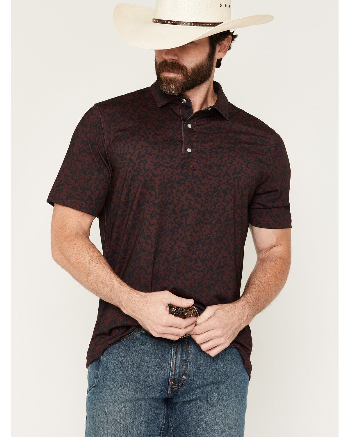 Image #1 - Ferrell Men's Grant Camo Print Short Sleeve Snap Stretch Polo Shirt, Maroon, hi-res