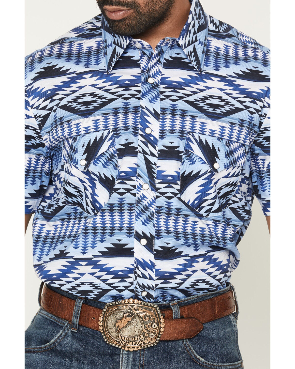 Image #3 - Rock & Roll Denim Men's Southwestern Print Short Sleeve Snap Stretch Western Shirt, Blue, hi-res
