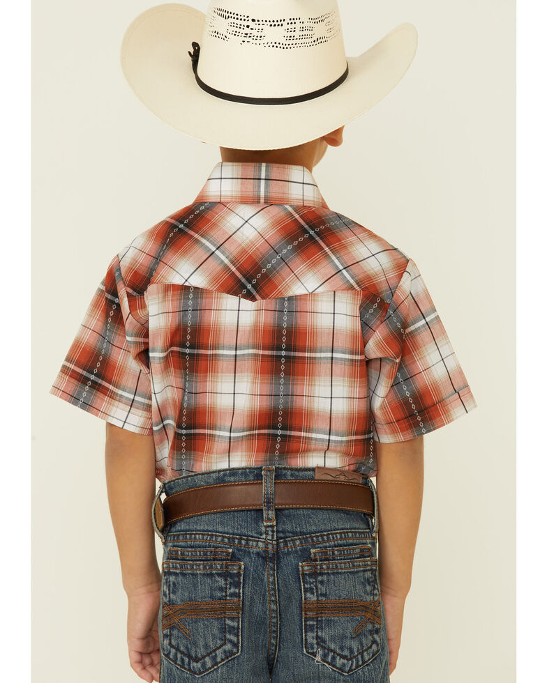 Ely Walker Boys' Rust Dobby Plaid Short Sleeve Snap Western Shirt , Rust Copper, hi-res