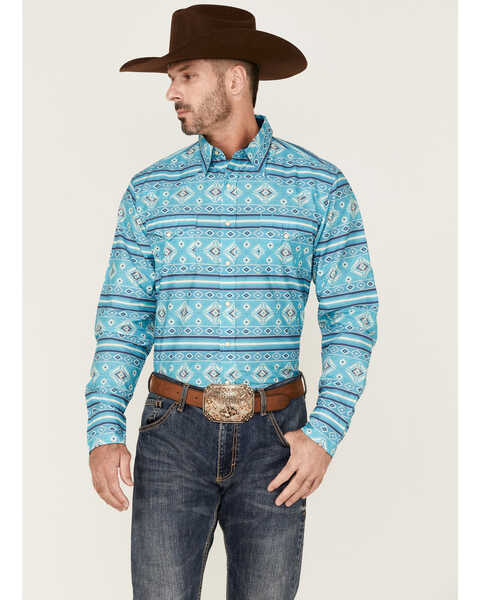 Image #1 - Roper Men's Horizontal Southwestern Striped Print Long Sleeve Snap Western Shirt , Blue, hi-res