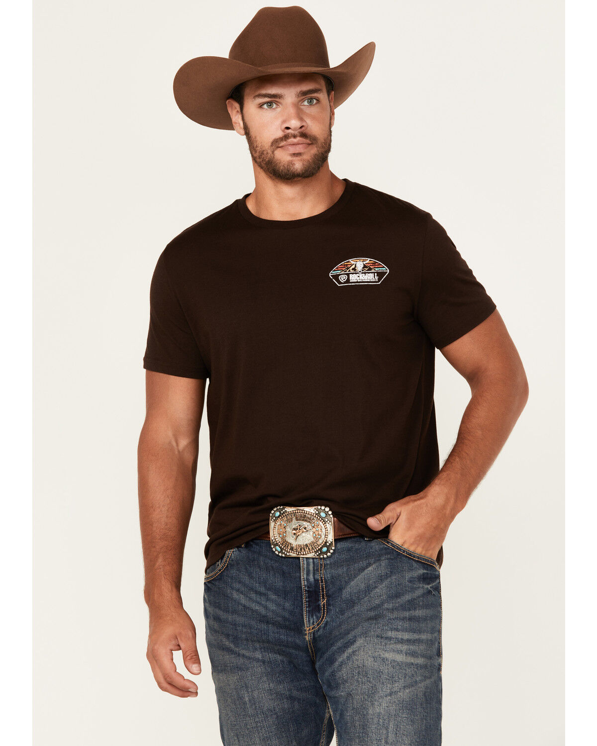 Image #2 - Rock & Roll Denim Men's Long Horn Short Sleeve Graphic T-Shirt, Brown, hi-res