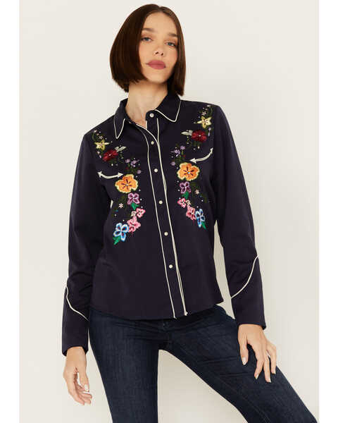 Scully Women's Floral Embroidered Long Sleeve Western Snap Shirt, Navy, hi-res