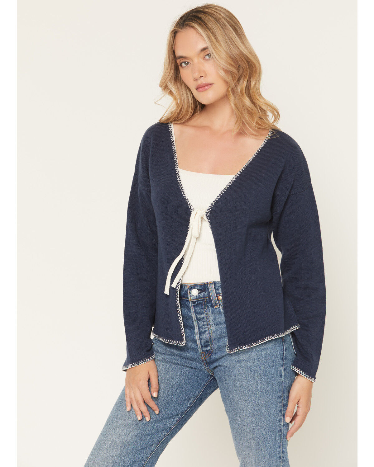 Image #1 - Originality Women's Whip Stitch Tie Front Sweater, Blue, hi-res
