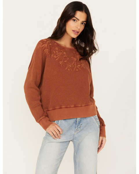 Cleo + Wolf Women's Embroidered Thermal Knit Top, Rust Copper, hi-res