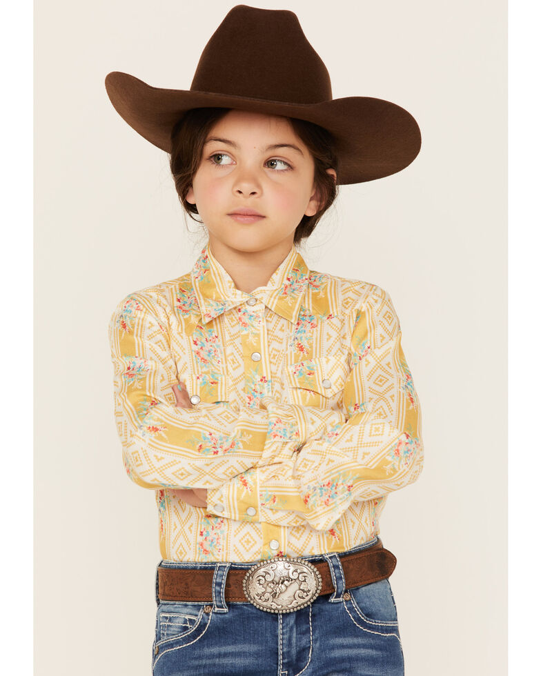 Roper Girls' Five Star Southwestern Floral Print Long Sleeve Western Snap Shirt, Yellow, hi-res