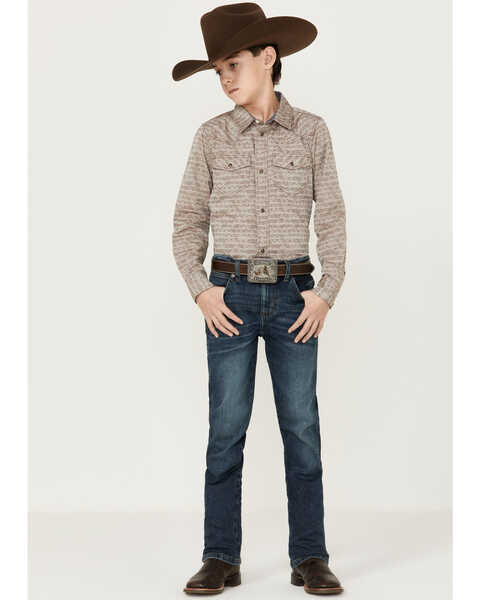 Cody James Boys' Geo Print Long Sleeve Snap Western Shirt, Brown, hi-res