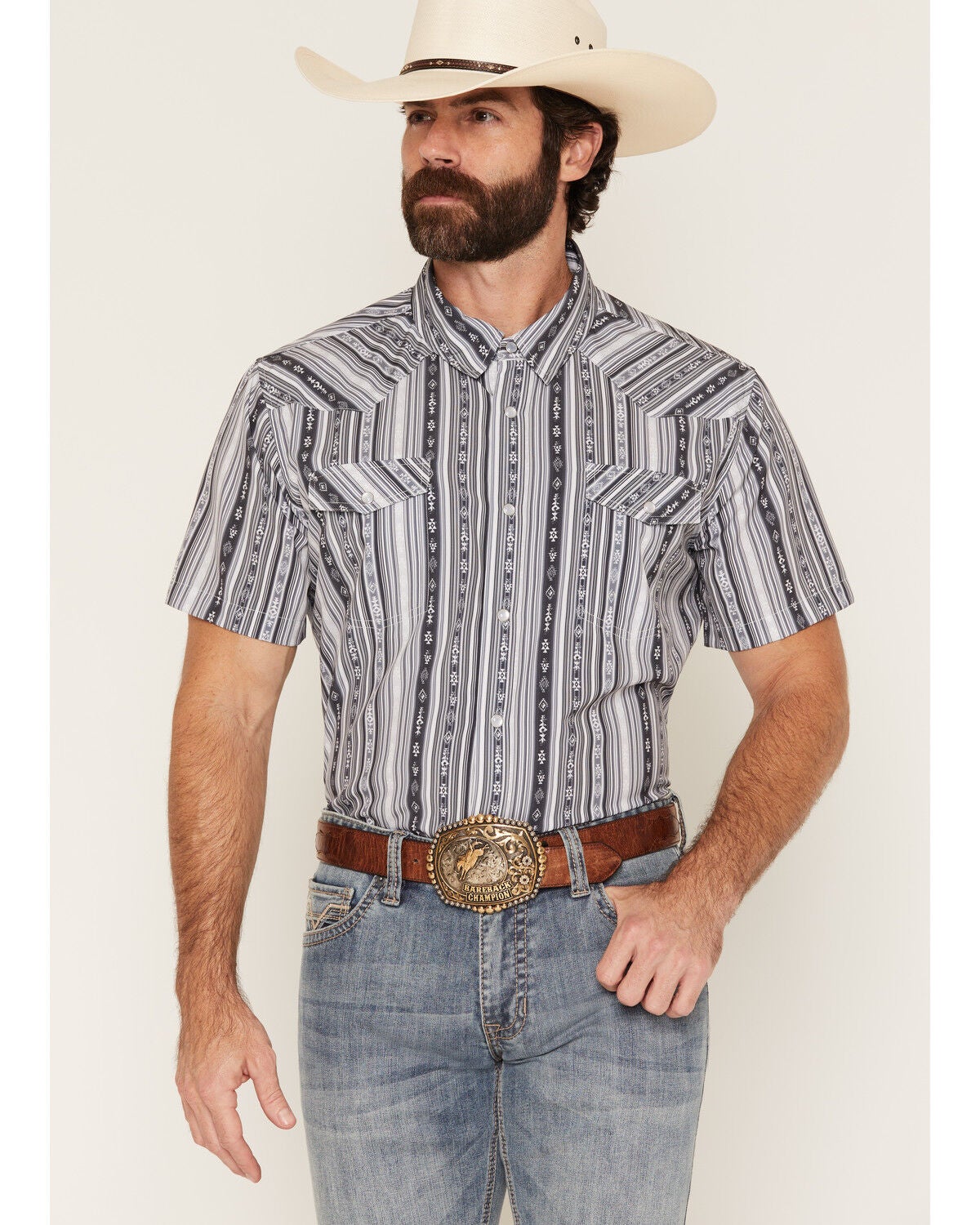Panhandle Slim Men's Southwestern Striped Short Sleeve Pearl Snap Performance Western Shirt, Black, hi-res