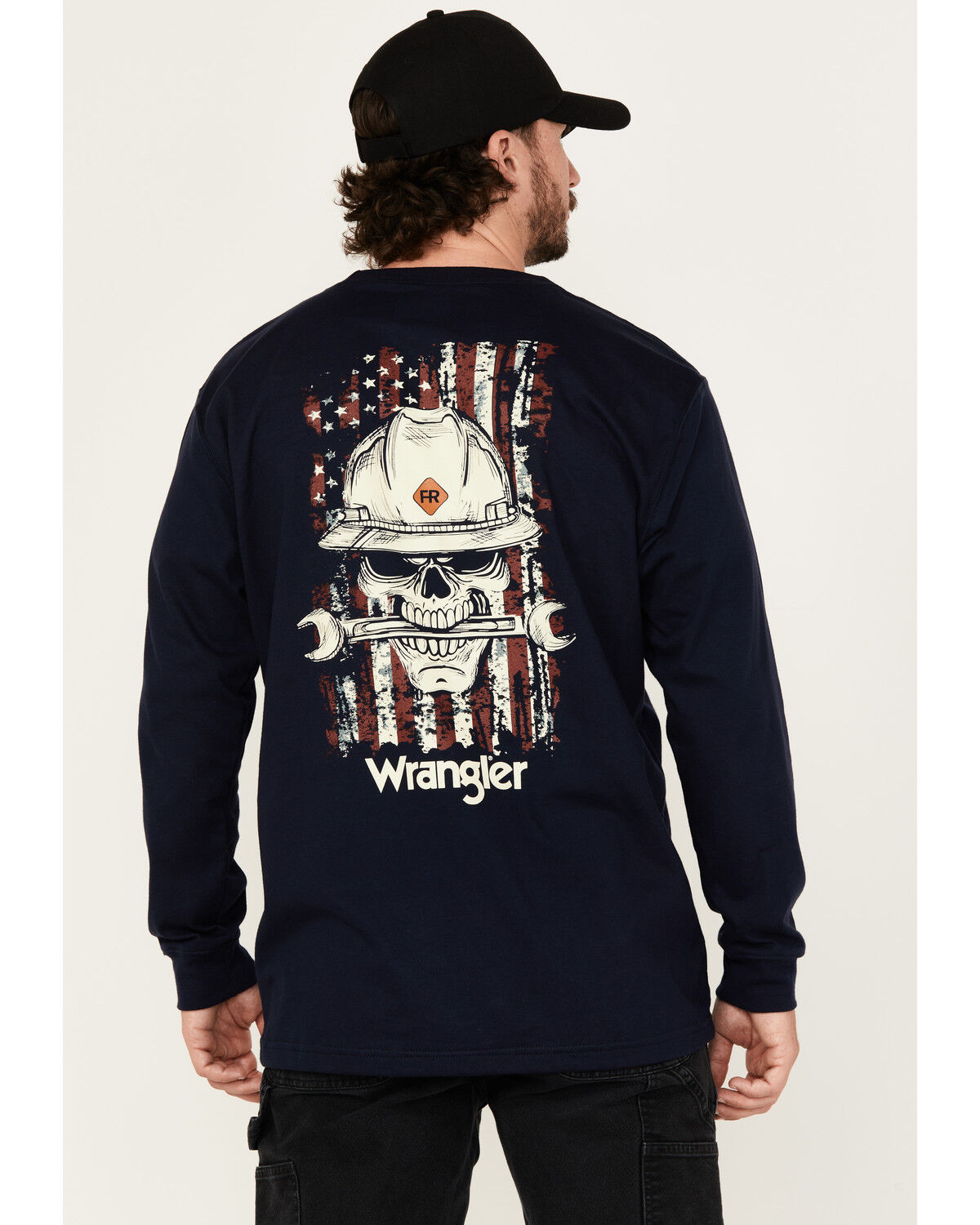 Image #1 - Wrangler Men's FR Skull Logo Long Sleeve Work Shirt, Navy, hi-res