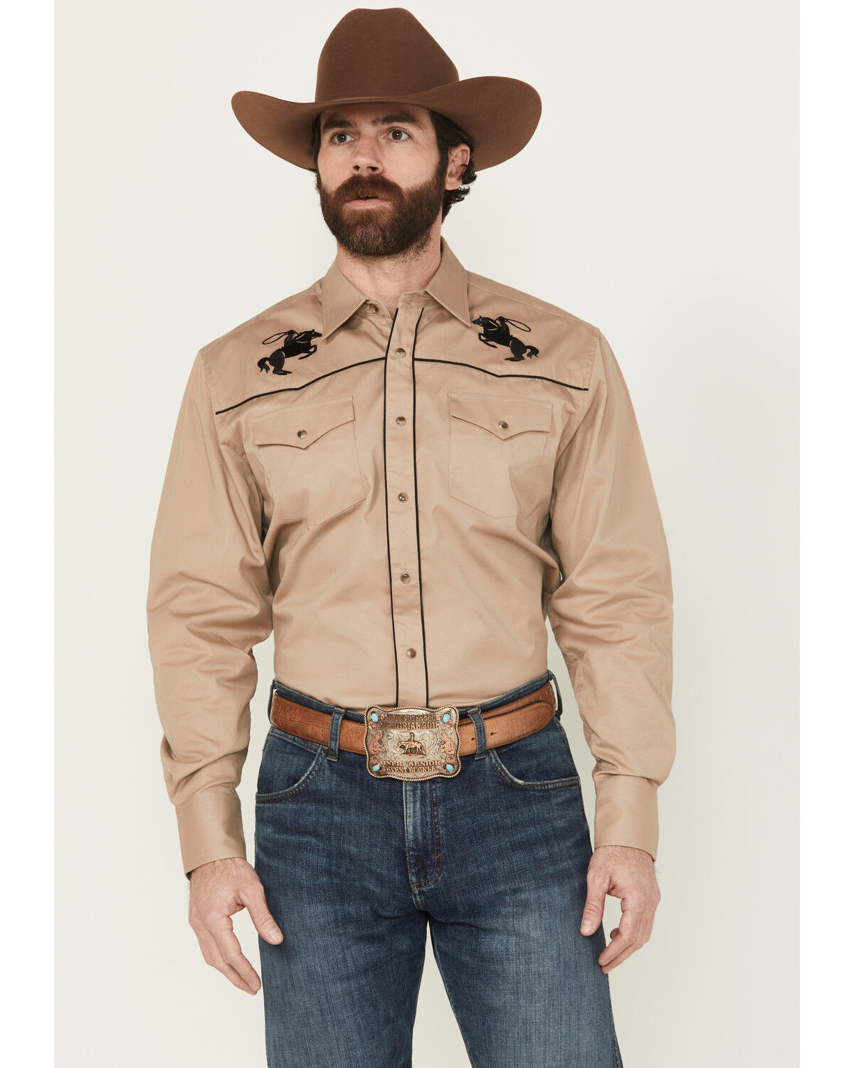 Image #1 - Rodeo Clothing Men's Solid Embroidered Long Sleeve Snap Western Shirt, Tan, hi-res