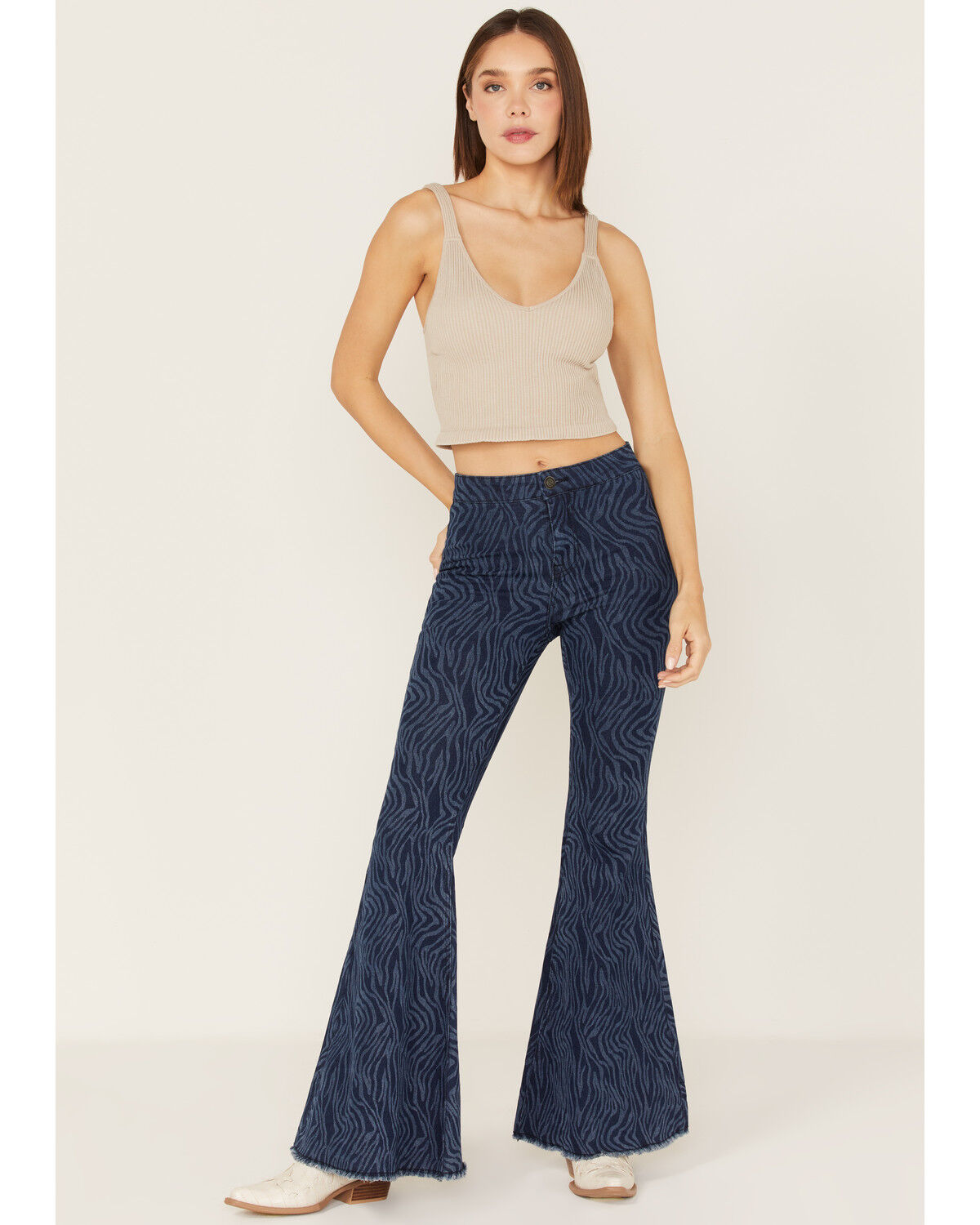 Image #1 - Rock & Roll Denim Women's Tiger Print High Rise Stretch Flare Jeans, Blue, hi-res