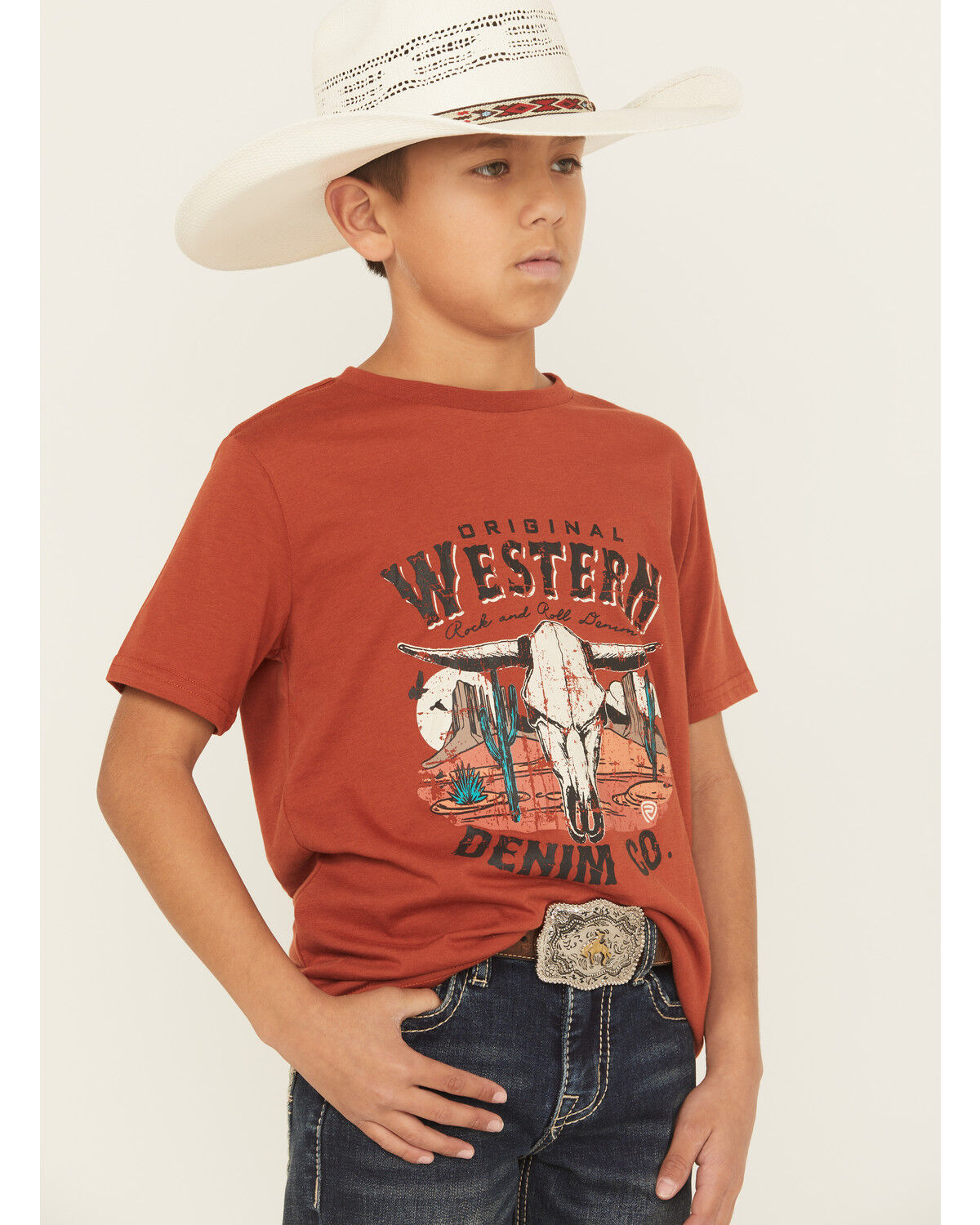 Image #2 - Rock & Roll Denim Boys' Longhorn Skull Logo Short Sleeve Graphic T-Shirt, Rust Copper, hi-res