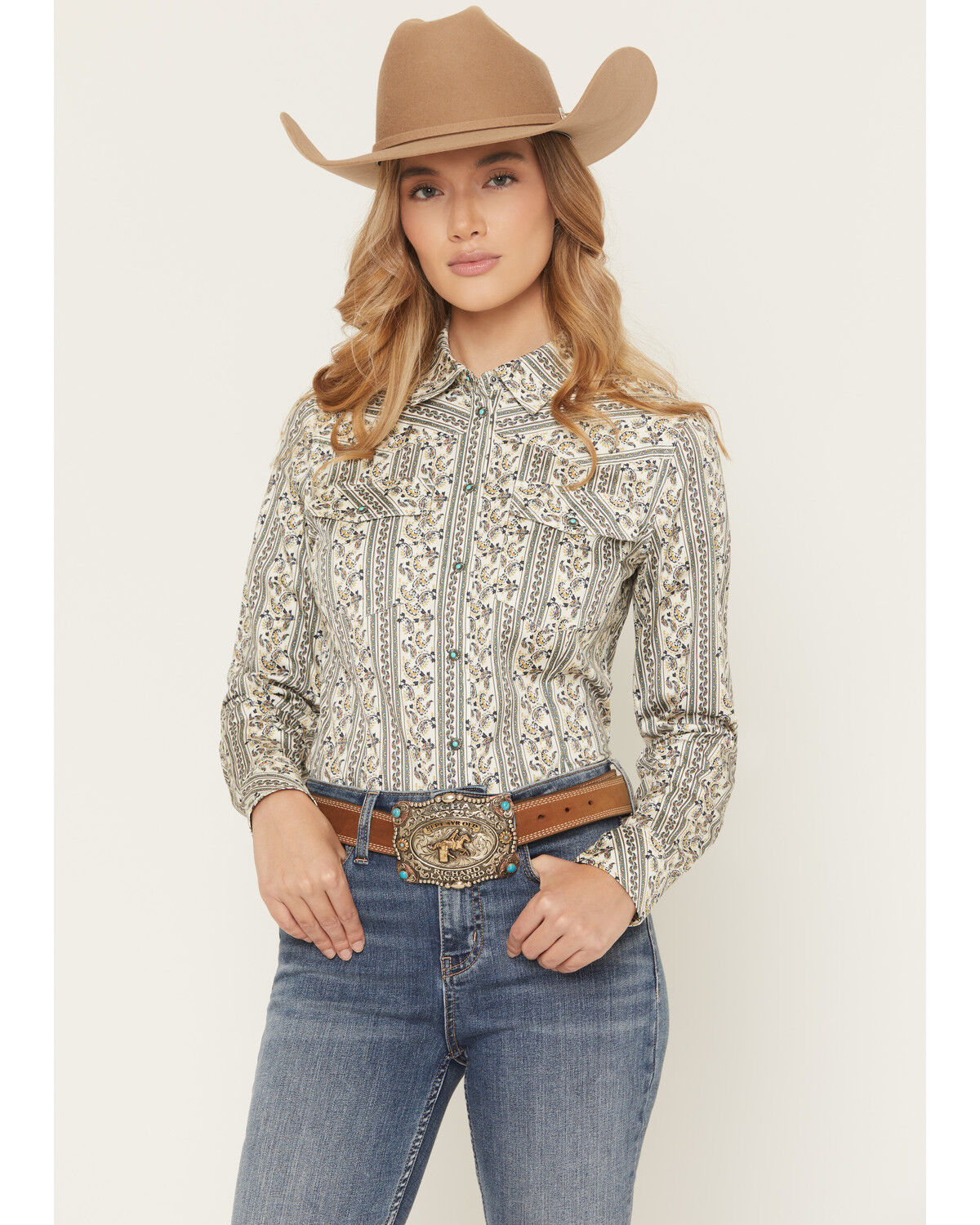 Image #1 - Shyanne Women's Paisley Wallpaper Print Long Sleeve Snap Stretch Western Shirt, Cream, hi-res